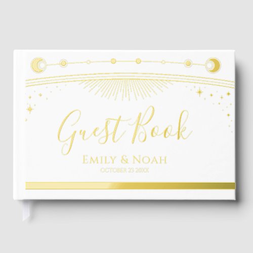 Mystical Chic White Sun Moon Stars Wedding Foil Guest Book