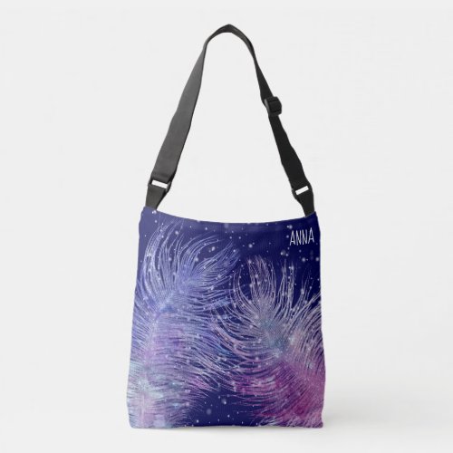  Mystical  Cosmic Celestial Feathers Night Blue Crossbody Bag