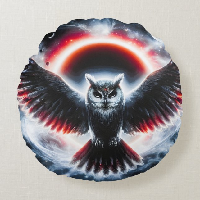 Mystical Cosmic Celestial Owl Round Pillow (Front)