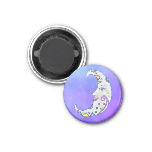 Mystical Crescent Decorated Moon Face Purple Sky  Magnet