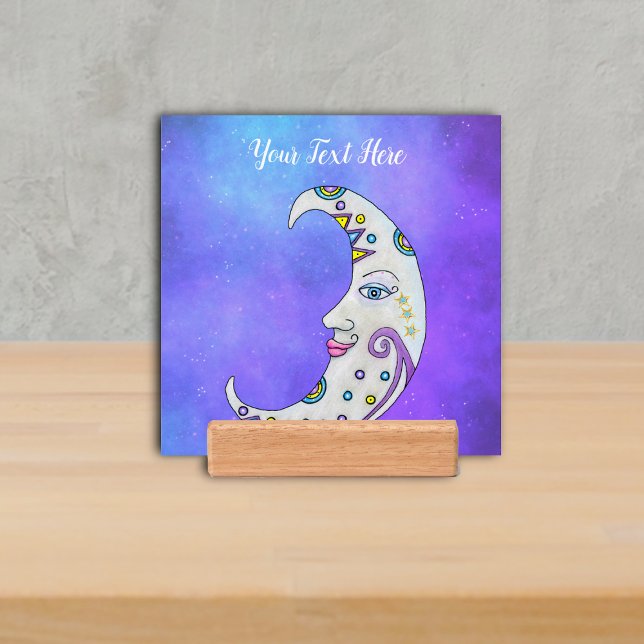 Mystical Crescent Moon Colourful Decorations Face  Holder (Celestial print in wood block holder with fancy crescent moon with face in purple sky with stars.)