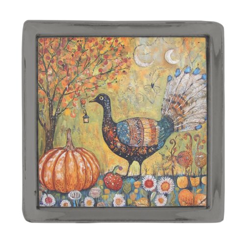 Mystical Crescent Moon Fall Turkey Gunmetal Finish Lapel Pin