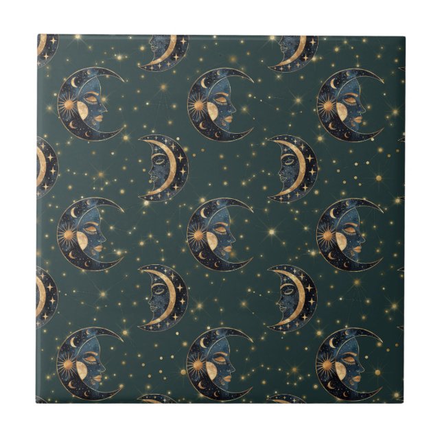 Mystical Crescent Moon Star Pattern Ceramic Tile (Front)