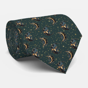 Mystical Crescent Moon Star Pattern Neck Tie