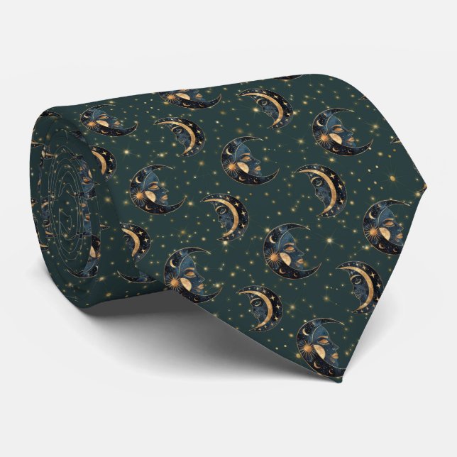 Mystical Crescent Moon Star Pattern Neck Tie (Rolled)