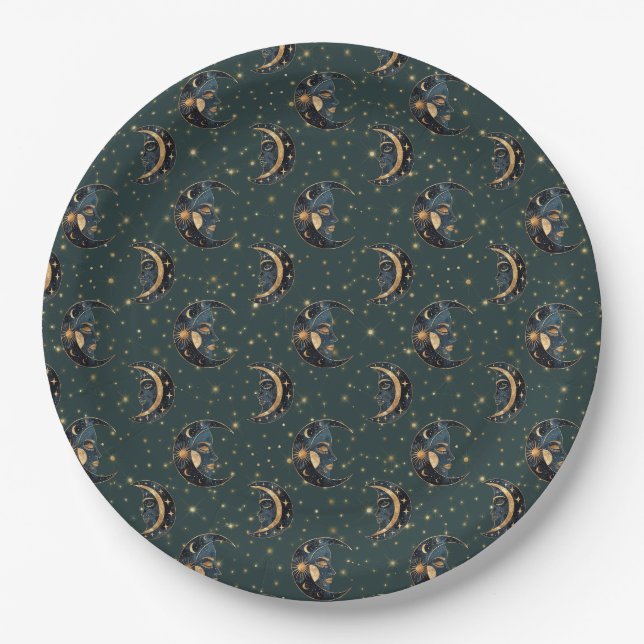 Mystical Crescent Moon Star Pattern Paper Plates (Front)