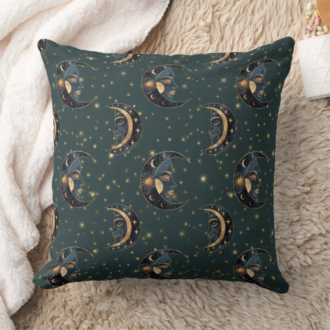 Mystical Crescent Moon Star Pattern Throw Pillow (Blanket)