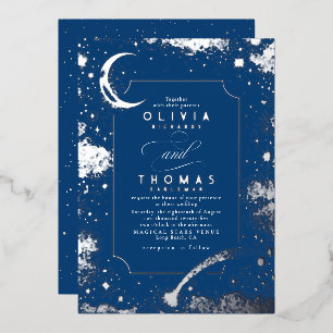 Mystical Crescent Moon Starry Night Boho Wedding Foil Invitation