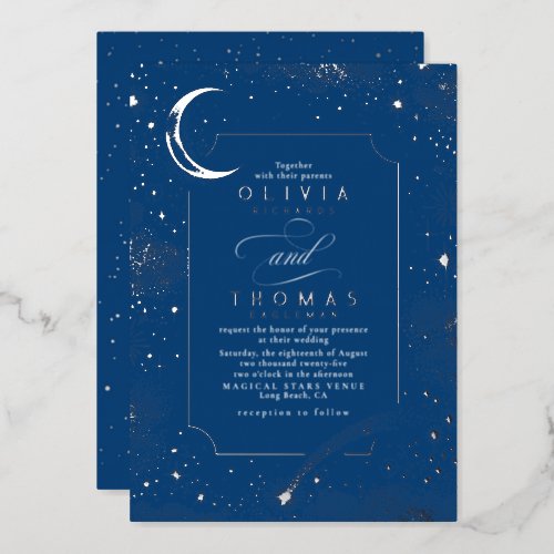 Mystical Crescent Moon Starry Night Boho Wedding Foil Invitation