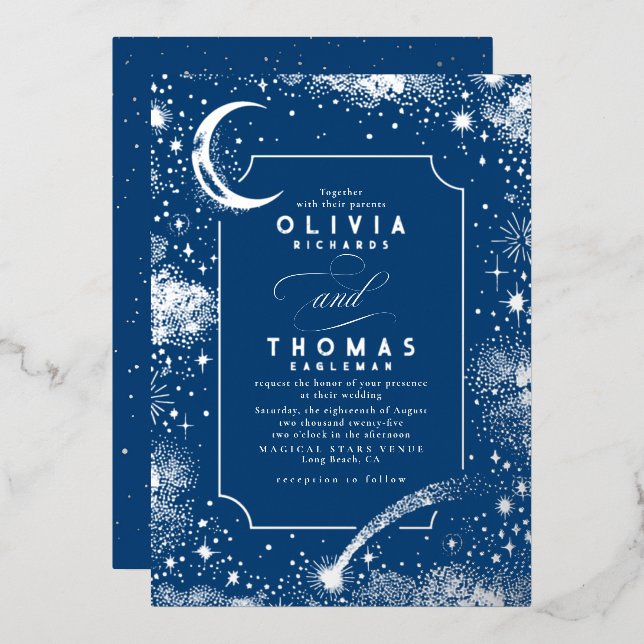 Mystical Crescent Moon Starry Night Boho Wedding Foil Invitation (Front/Back)