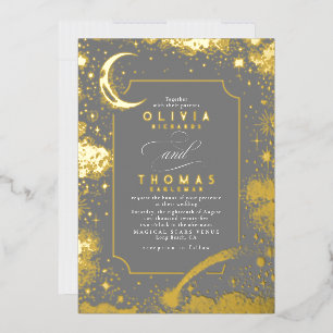 Mystical Crescent Moon Starry Night Boho Wedding Foil Invitation