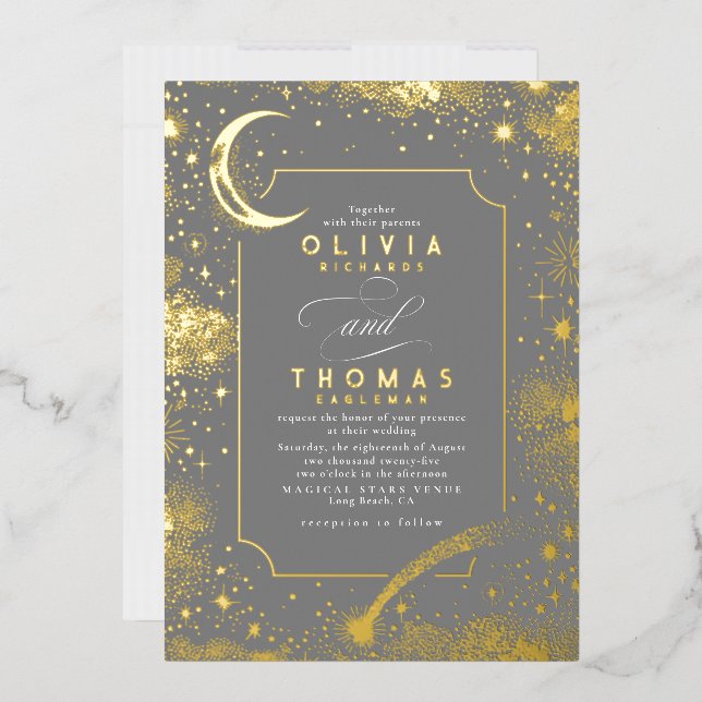 Mystical Crescent Moon Starry Night Boho Wedding Foil Invitation (Envelope)