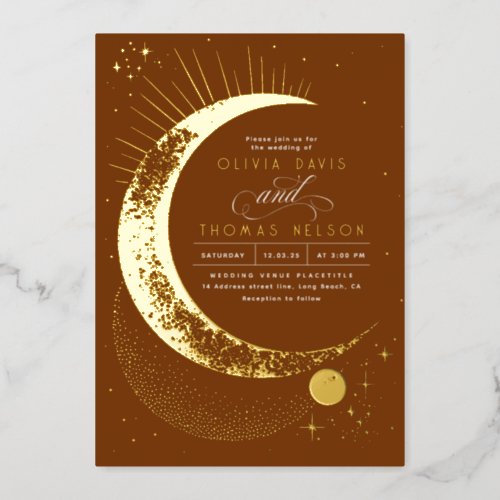 Mystical Crescent Moon Starry Night Boho Wedding Foil Invitation