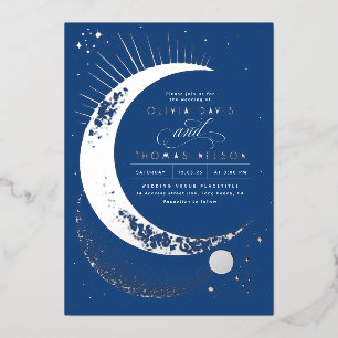 Mystical Crescent Moon Starry Night Boho Wedding Foil Invitation