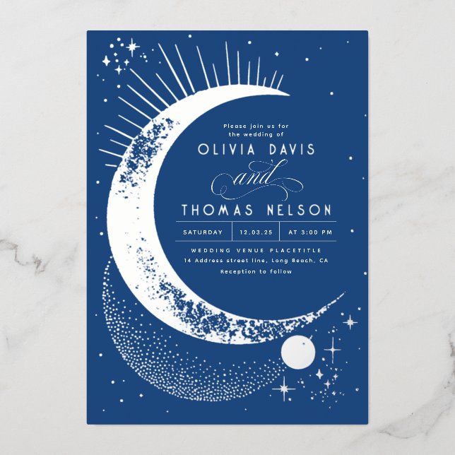 Mystical Crescent Moon Starry Night Boho Wedding Foil Invitation (Front)