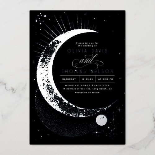 Mystical Crescent Moon Starry Night Boho Wedding Foil Invitation