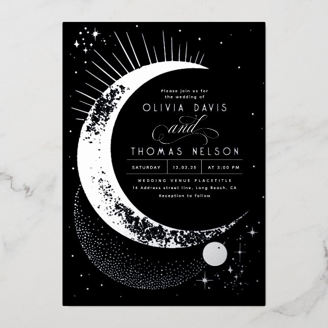 Mystical Crescent Moon Starry Night Boho Wedding Foil Invitation (Front)