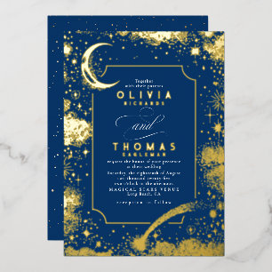 Mystical Crescent Moon Starry Night Boho Wedding Foil Invitation