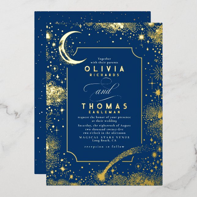Mystical Crescent Moon Starry Night Boho Wedding Foil Invitation (Front/Back)