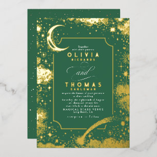Mystical Crescent Moon Starry Night Boho Wedding Foil Invitation