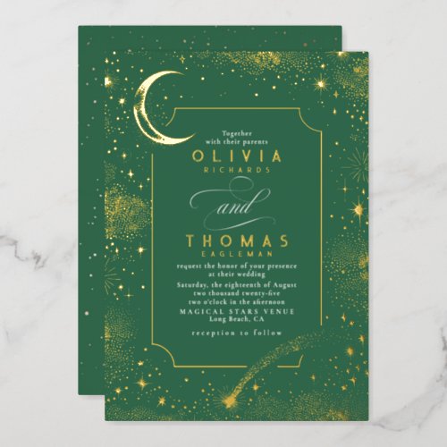 Mystical Crescent Moon Starry Night Boho Wedding Foil Invitation