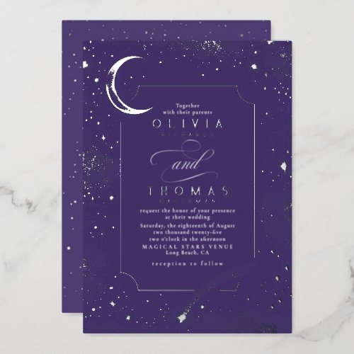 Mystical Crescent Moon Starry Night Boho Wedding Foil Invitation