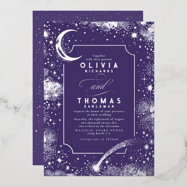 Mystical Crescent Moon Starry Night Boho Wedding Foil Invitation (Front/Back)