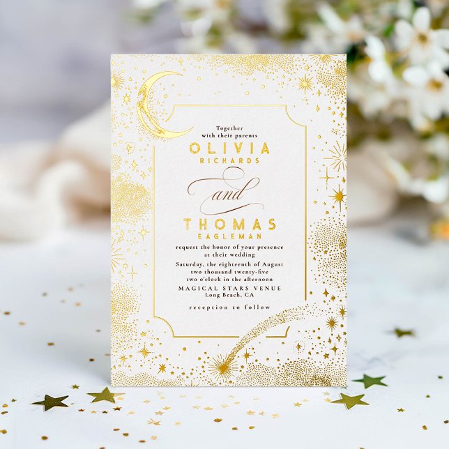 Mystical Crescent Moon Starry Night Boho Wedding Foil Invitation (Celestial gold foil wedding invitation)