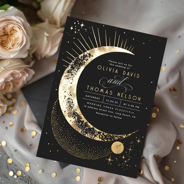 Mystical Crescent Moon Starry Night Boho Wedding Foil Invitation (Real Gold Foil Celestial Tarot Wedding Invitation)