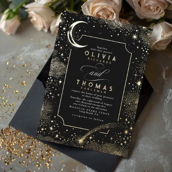 Mystical Crescent Moon Starry Night Boho Wedding Foil Invitation by lovelywow at Zazzle
