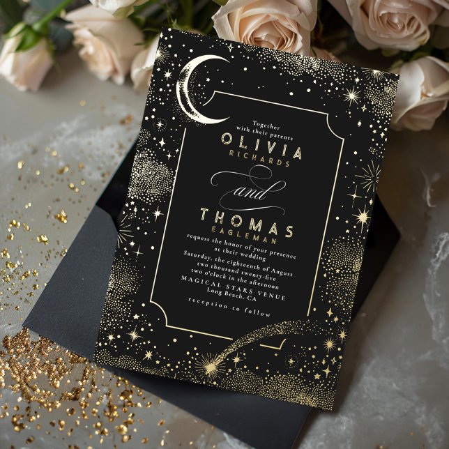 Mystical Crescent Moon Starry Night Boho Wedding Foil Invitation (Starry Night Celestial Wedding Invitation Real Gold Foil)