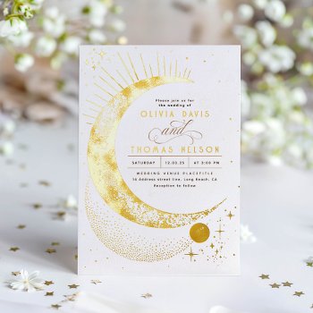 Mystical Crescent Moon Starry Night Boho Wedding Foil Invitation by lovelywow at Zazzle