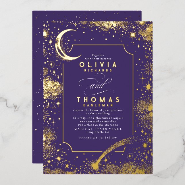 Mystical Crescent Moon Starry Night Boho Wedding Foil Invitation (Front/Back)