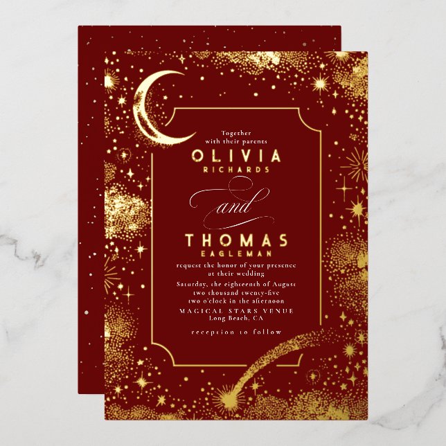 Mystical Crescent Moon Starry Night Boho Wedding Foil Invitation (Front/Back)