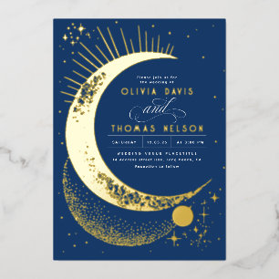 Mystical Crescent Moon Starry Night Boho Wedding Foil Invitation