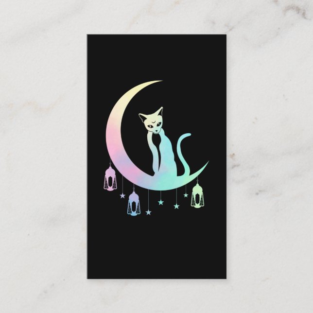 Mystical Crescent Moon Wicca Pastel Goth Cat Business Card (Front)
