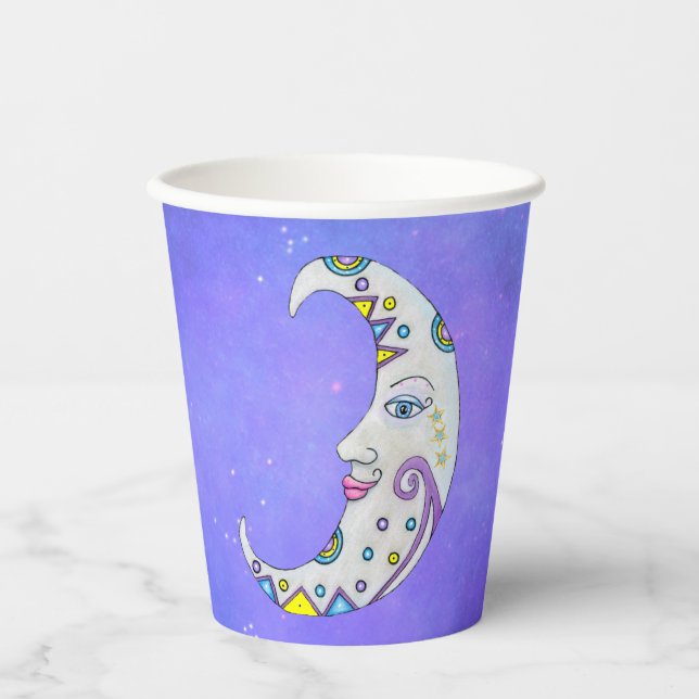 Mystical Crescent Moon With Face Abstract Markings Paper Cups (Front)