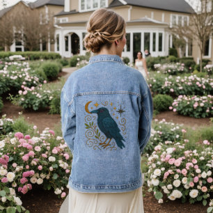 Mystical Crow Embroidered Look Denim Jacket