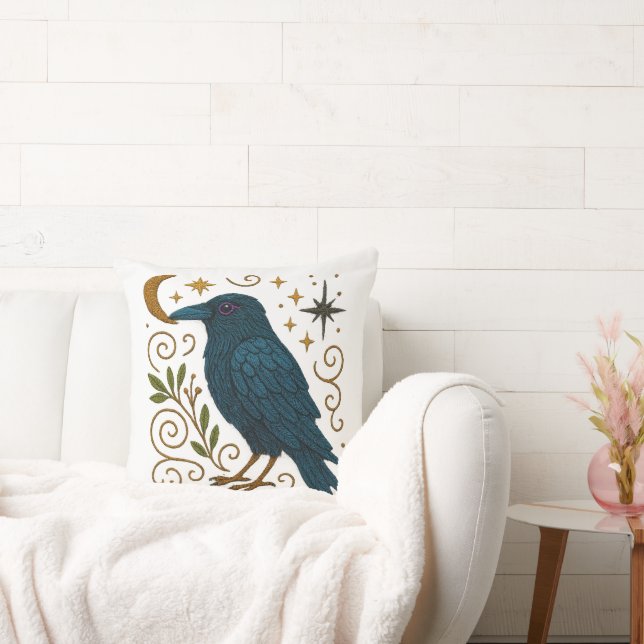Mystical Crow Embroidered Look Throw Pillow (Couch)