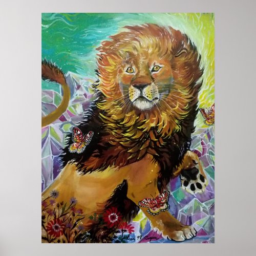 Mystical Crystal Lion Painting New Worlds Poster