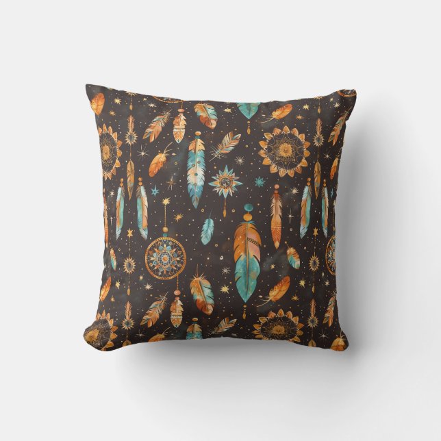 Mystical Dark Boho: Feathers & Dream Catchers Desi Throw Pillow (Front)