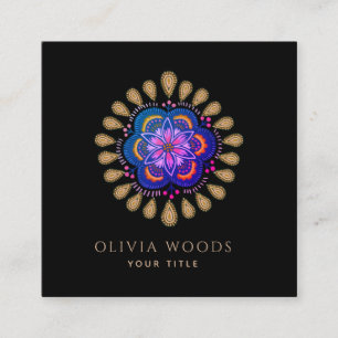 Mystical Dark Boho Floral Mandala Square Business Card