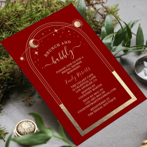 Mystical Dark Red Gold Celestial Bridal Shower Invitation