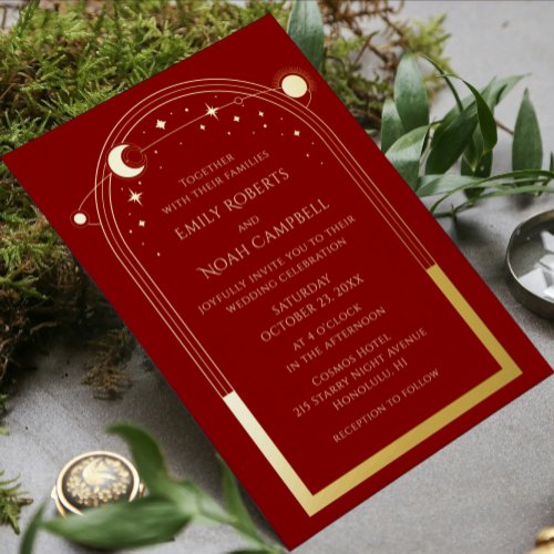 Mystical Dark Red Gold Celestial Photo Wedding Foil Invitation