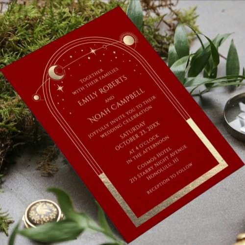 Mystical Dark Red Gold Celestial Photo Wedding Invitation