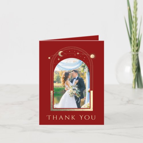 Mystical Dark Red Gold Photo Celestial Wedding Thank You Card