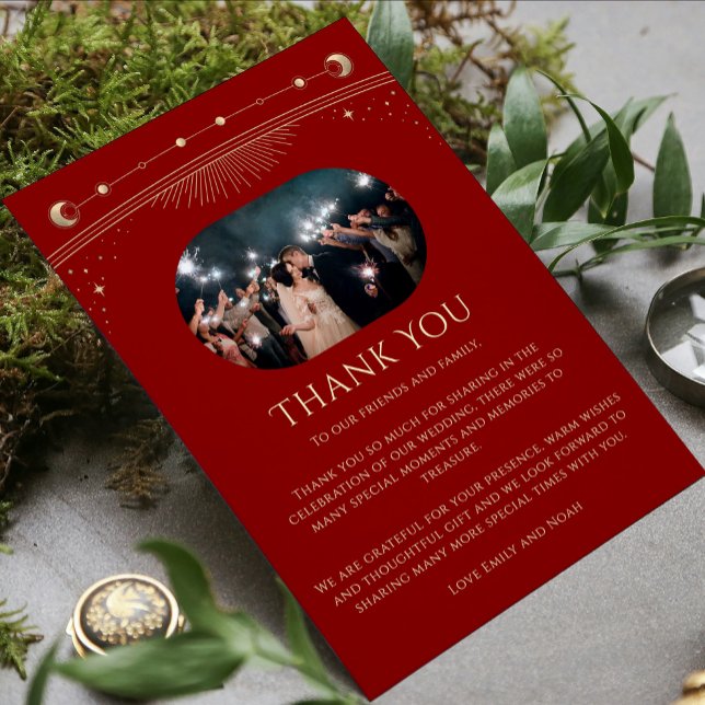 Mystical Dark Red Gold Photo Celestial Wedding Thank You Card (Creator Uploaded)