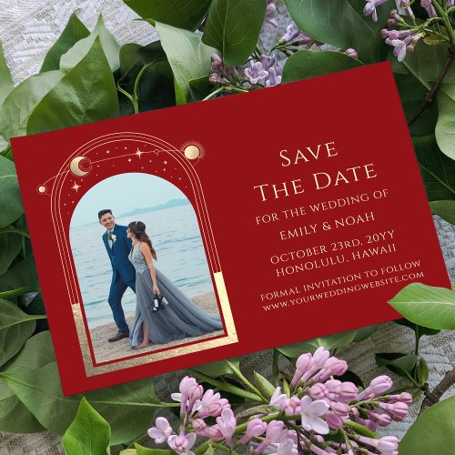 Mystical Dark Red Gold Sun Moon Star Space Save The Date