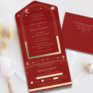 Mystical Dark Red Gold Sun Moon Stars All In One Invitation