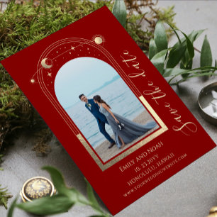 Mystical Dark Red Gold Sun Moon Stars Celestial Save The Date
